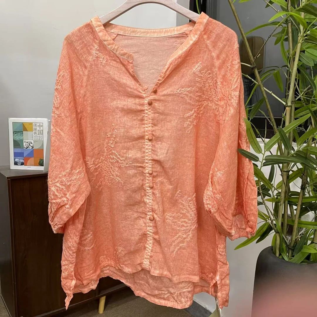 【ZM51096】3,5000千针成衣染色夏季刺绣V领百搭休闲衬衫