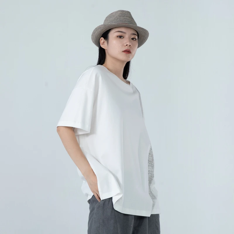 女装瑕疵品50321120纯色通勤文艺圆领印字经典休闲宽松纯棉短袖