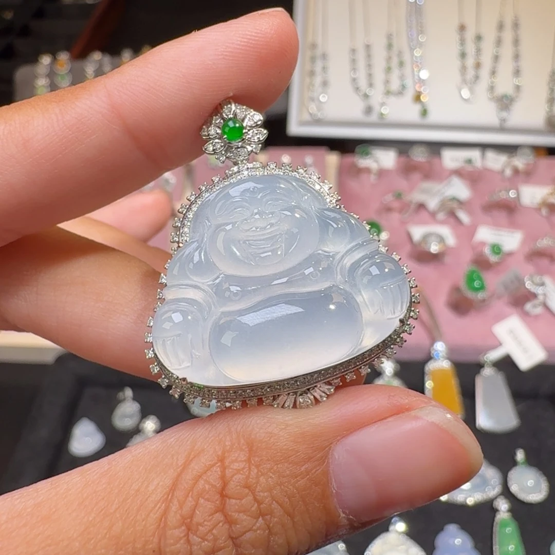 翡翠18K金镶嵌颈饰纯天然缅甸翡翠A货佛公