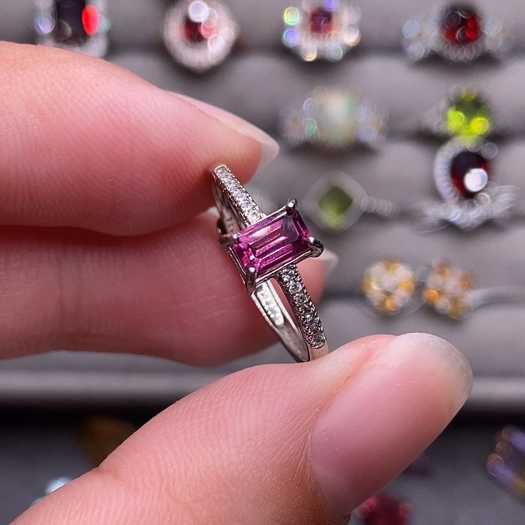 戒指银S925镶嵌红色碧玺