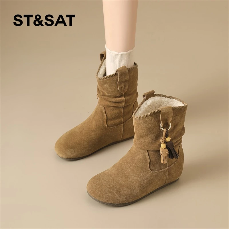 星期六复古勃肯堆堆棉靴女2025冬季加绒褶皱西部靴绒面粗跟短靴子