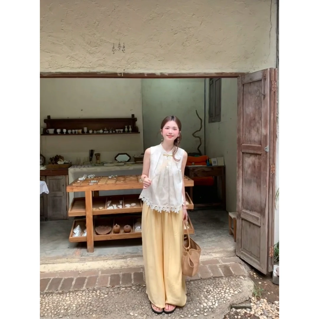 国风新中式夏季设计感薄款显瘦休闲镂空上衣女休闲阔腿裤两件套