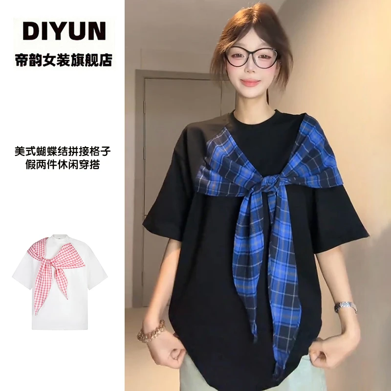 【帝韵】夏季宽松拼接格子短袖t恤女美式慵懒学院风蝴蝶结披肩上衣