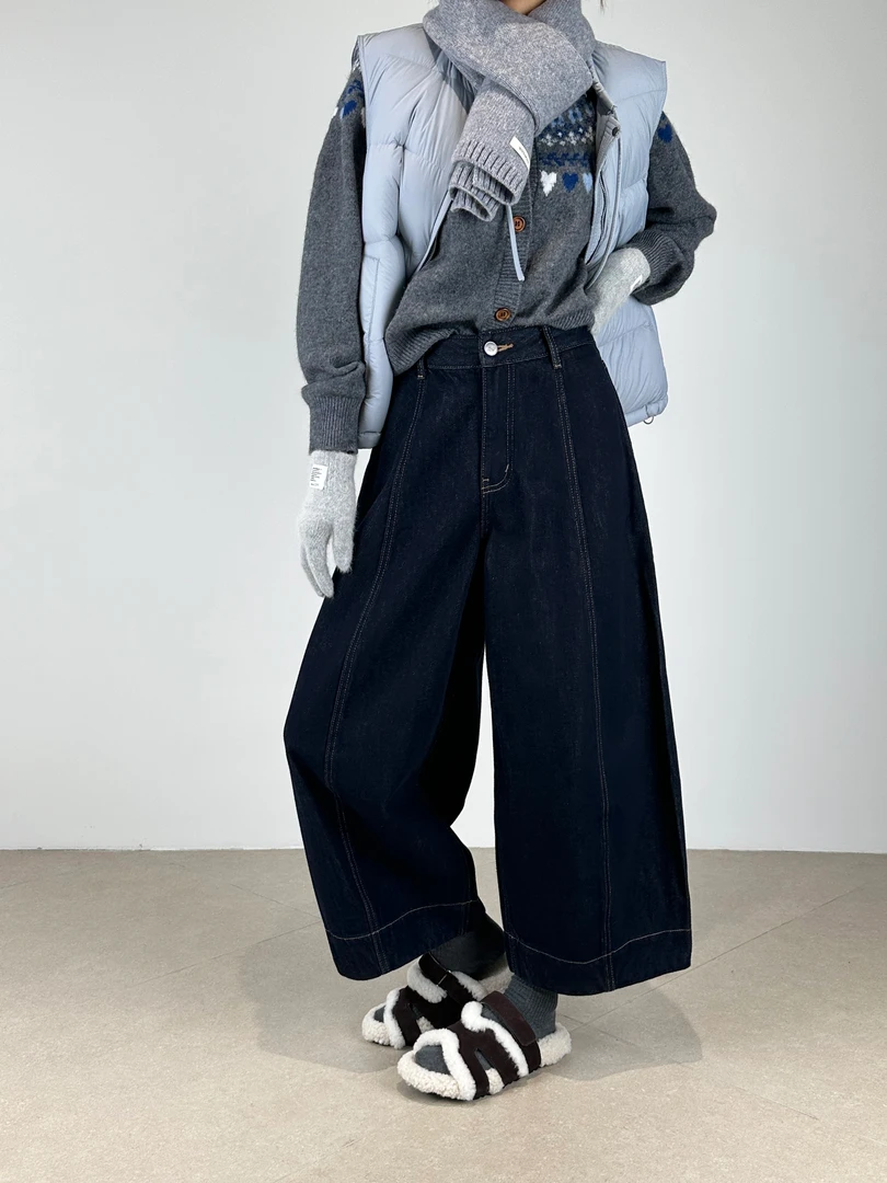 Kabodo25008A加绒牛仔裤女冬款高腰普洗色显瘦磨毛九分气球裤