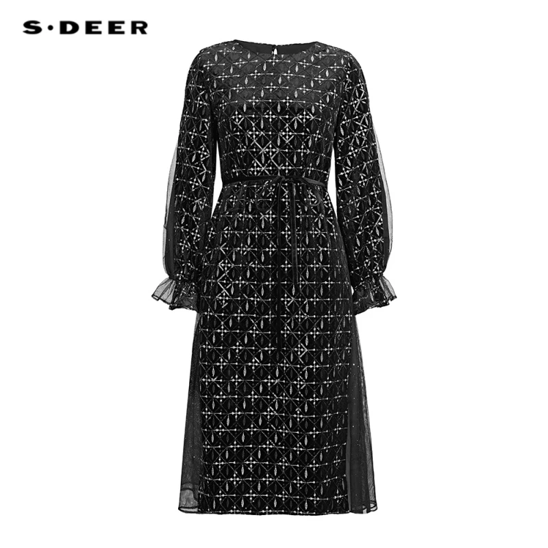 S·DEER圣迪奥欧若智性风秋季设计师拼接百搭小个子收腰秋冬连衣裙