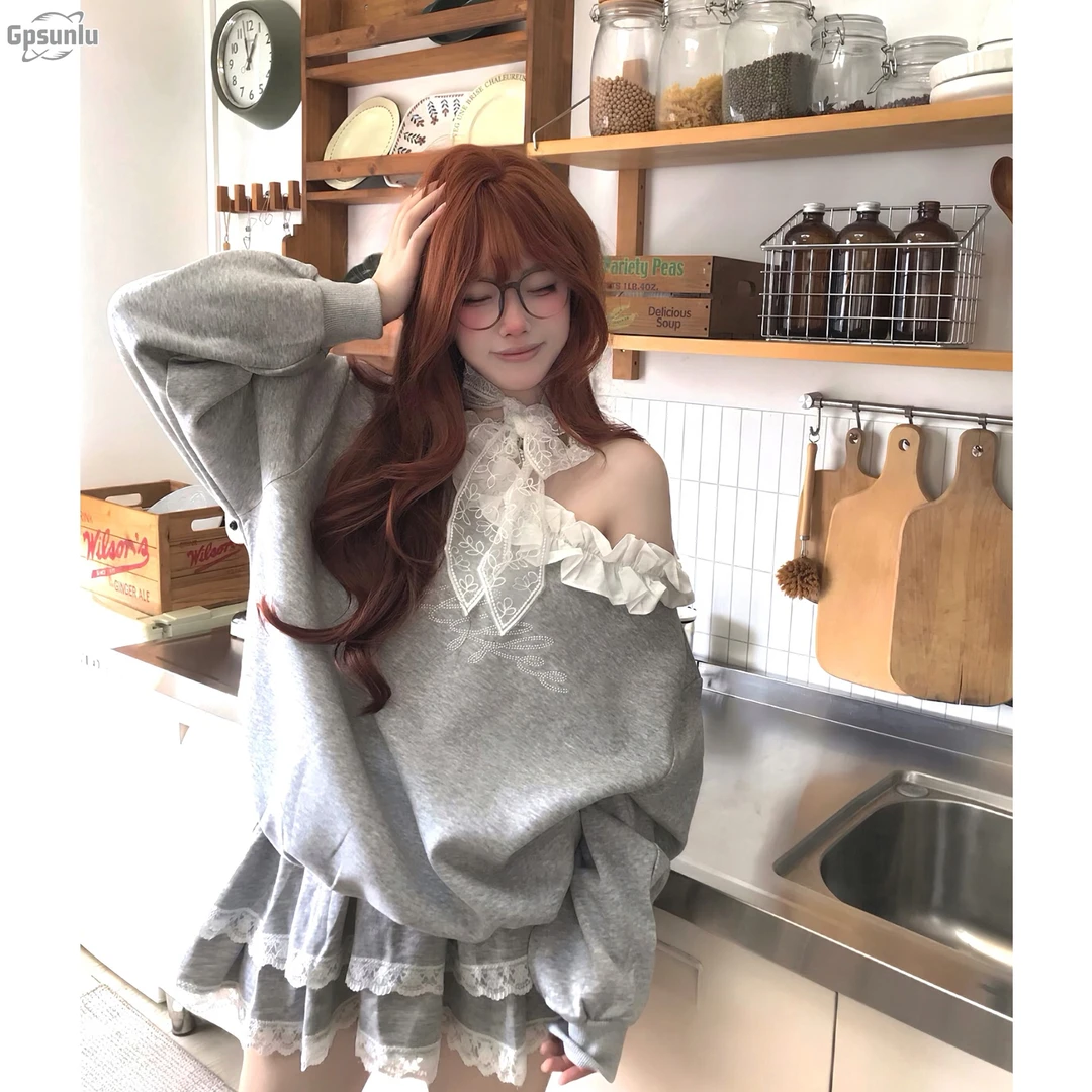 gpsunlu土豆猫蕾丝花边甜美露肩卫衣女大领口藏青蕾丝露肩卫衣