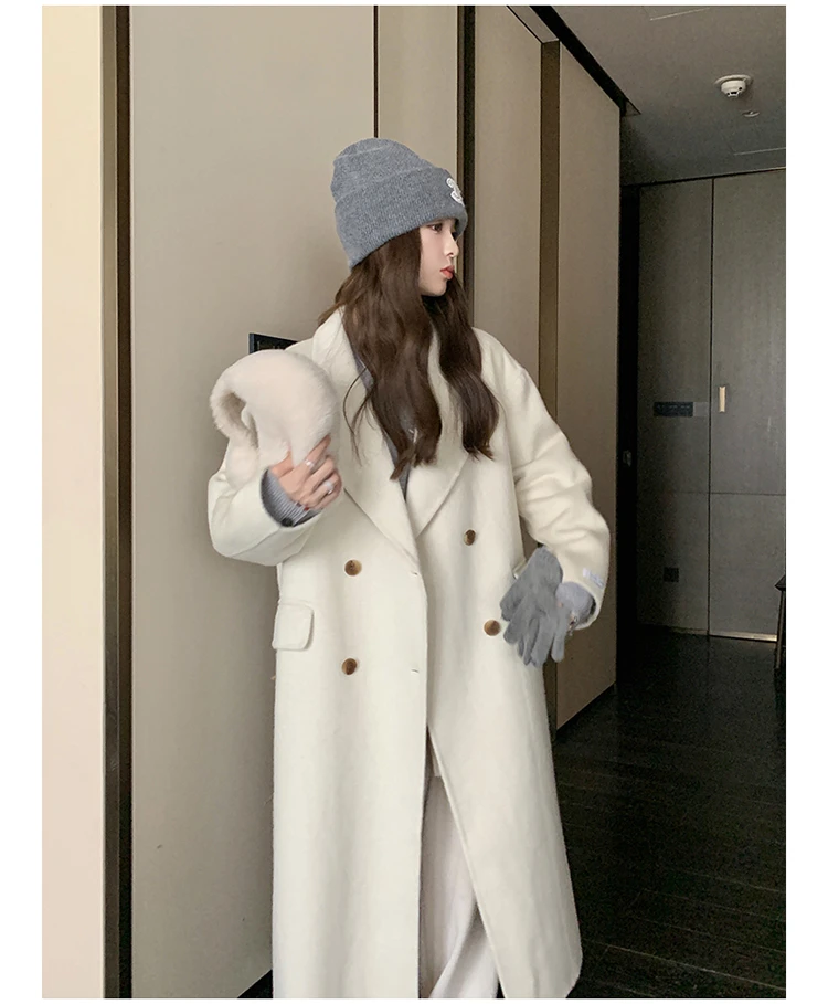 2024设计高级感赫本气质中长款白色双面大衣女加厚西装羊毛呢外套