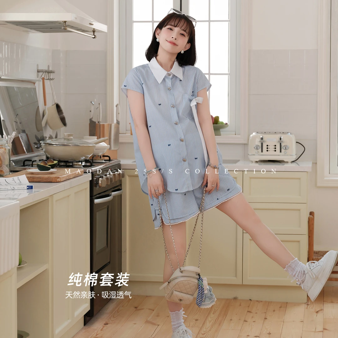 maodan/猫单【海域小趣】孕妇套装夏季时尚可哺乳衬衫短裤纯棉套装