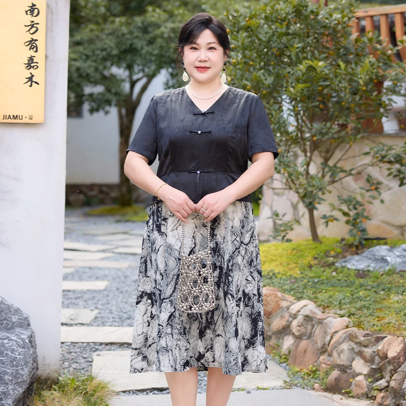 夏季新款新中式雪纺裙夏季中老年妈妈装大码连衣裙洋气女装裙