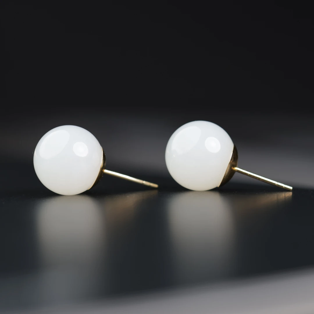 小雪 | 严选精品和田玉顶俄高白白玉18k金12mm耳饰