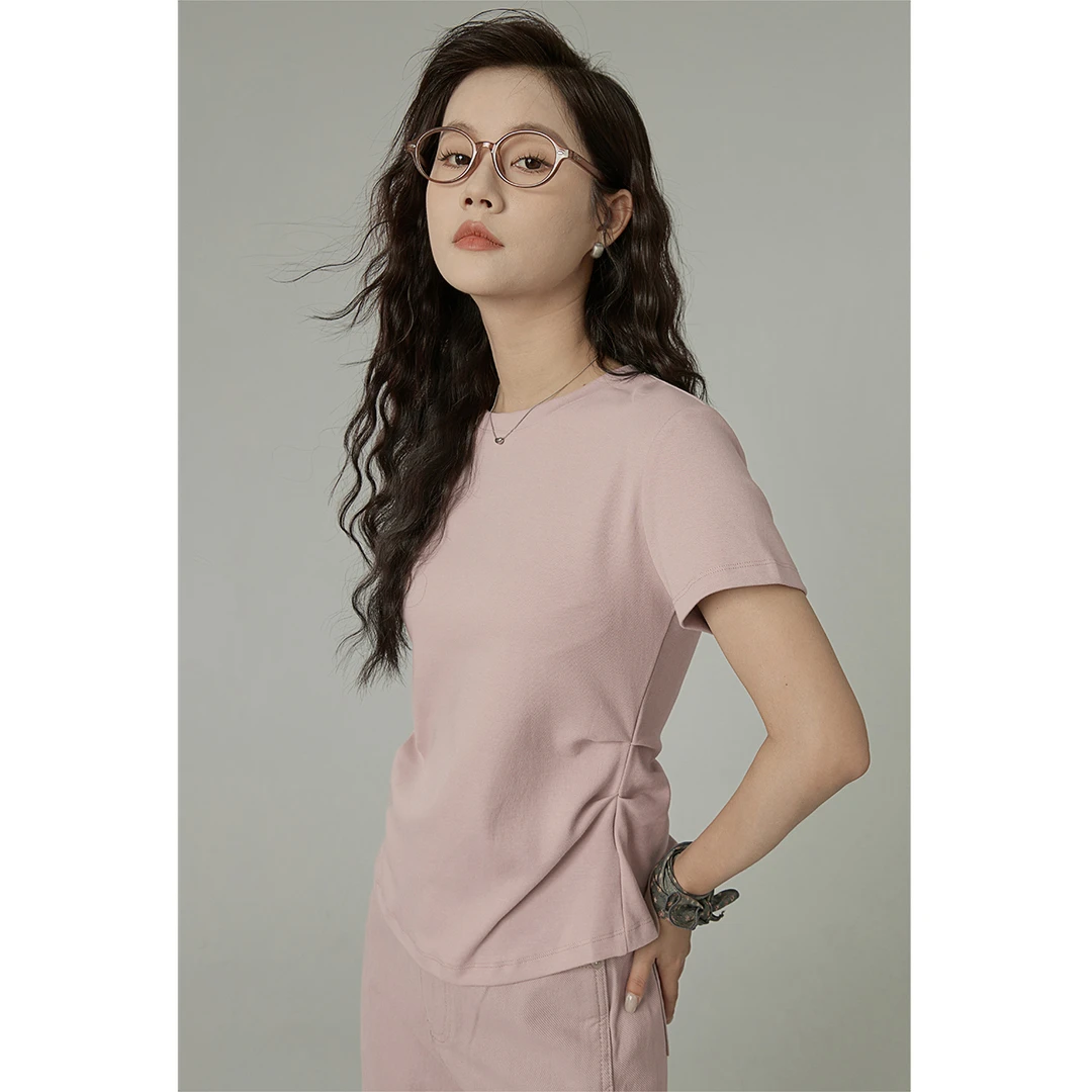 「粉泽曼妙」桃天棉粉色短袖T恤女2025夏季新款修身短款上衣25200