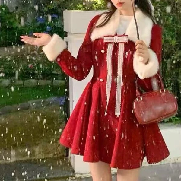 （大嘴）新年战袍小香风红色连衣裙女秋冬高级感气质公主裙1625