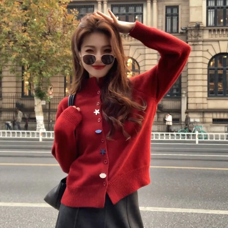 韩系漂亮红色半高领针织开衫女秋冬绝美设计感毛衣外套巨好看上衣