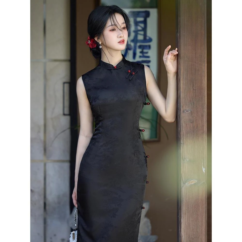 黑色民国风旗袍2025年新款复古优雅年轻款改良无袖连衣裙女新中式