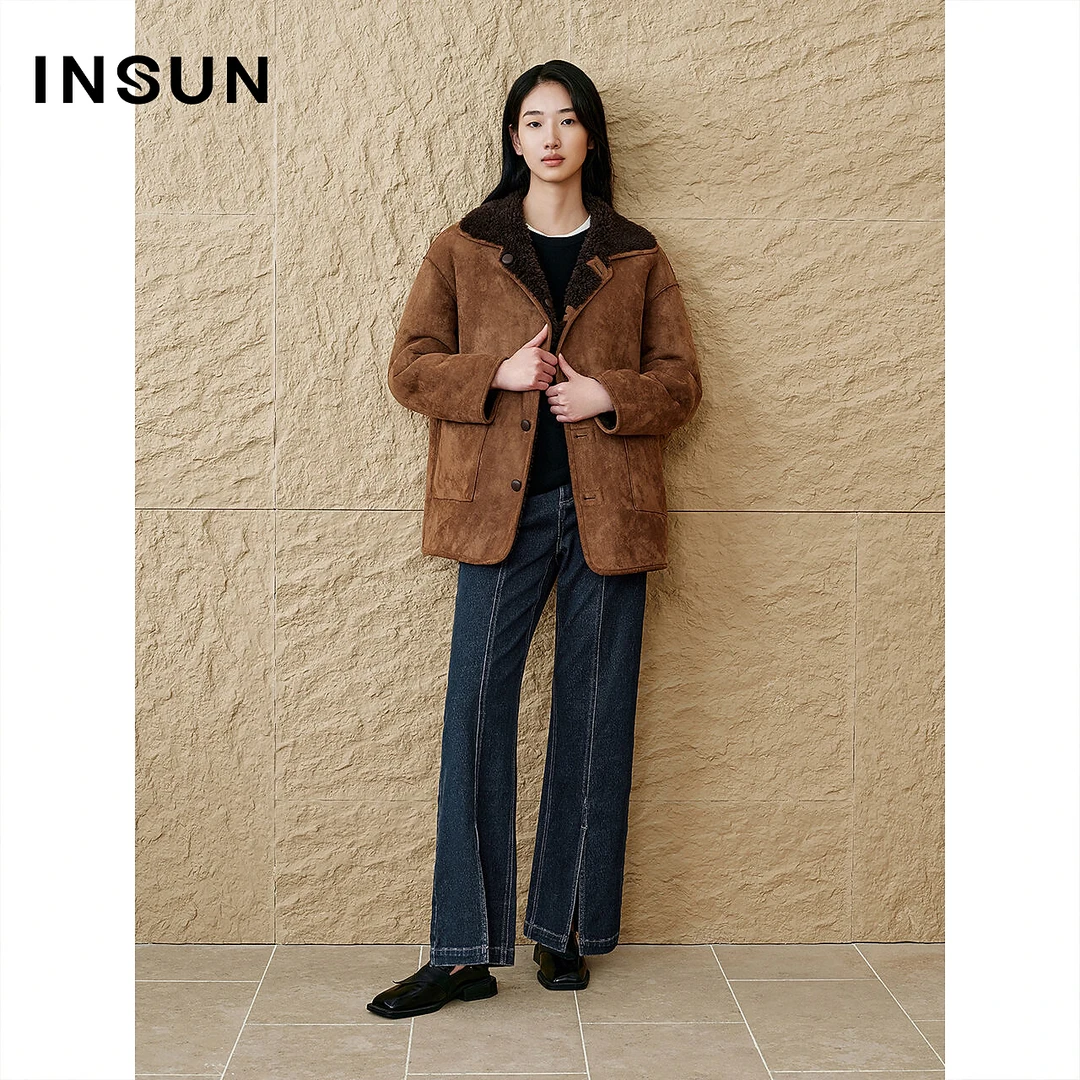 INSUN恩裳专选两面穿毛绒羊剪毛一手长外套