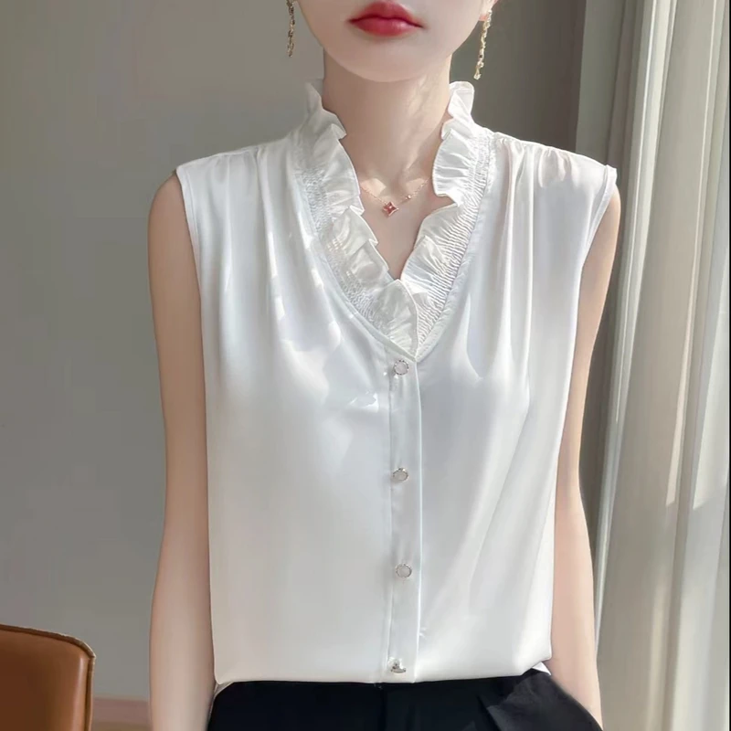 法式V领木耳花边丝滑缎面无袖衬衫气质内搭女叠穿背心2025新款