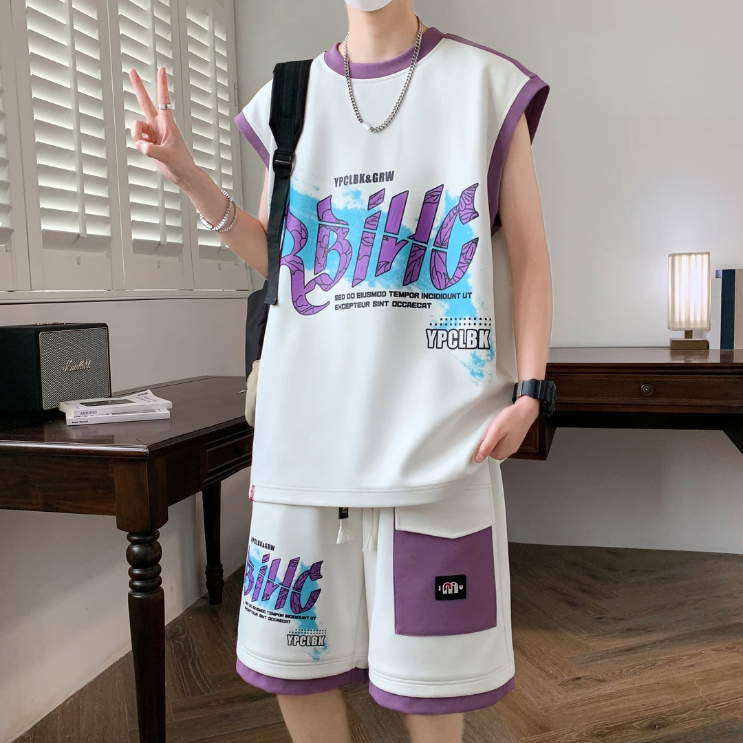 青少年无袖t恤男夏季高中初中学生套装男孩夏装休闲运动坎肩背心