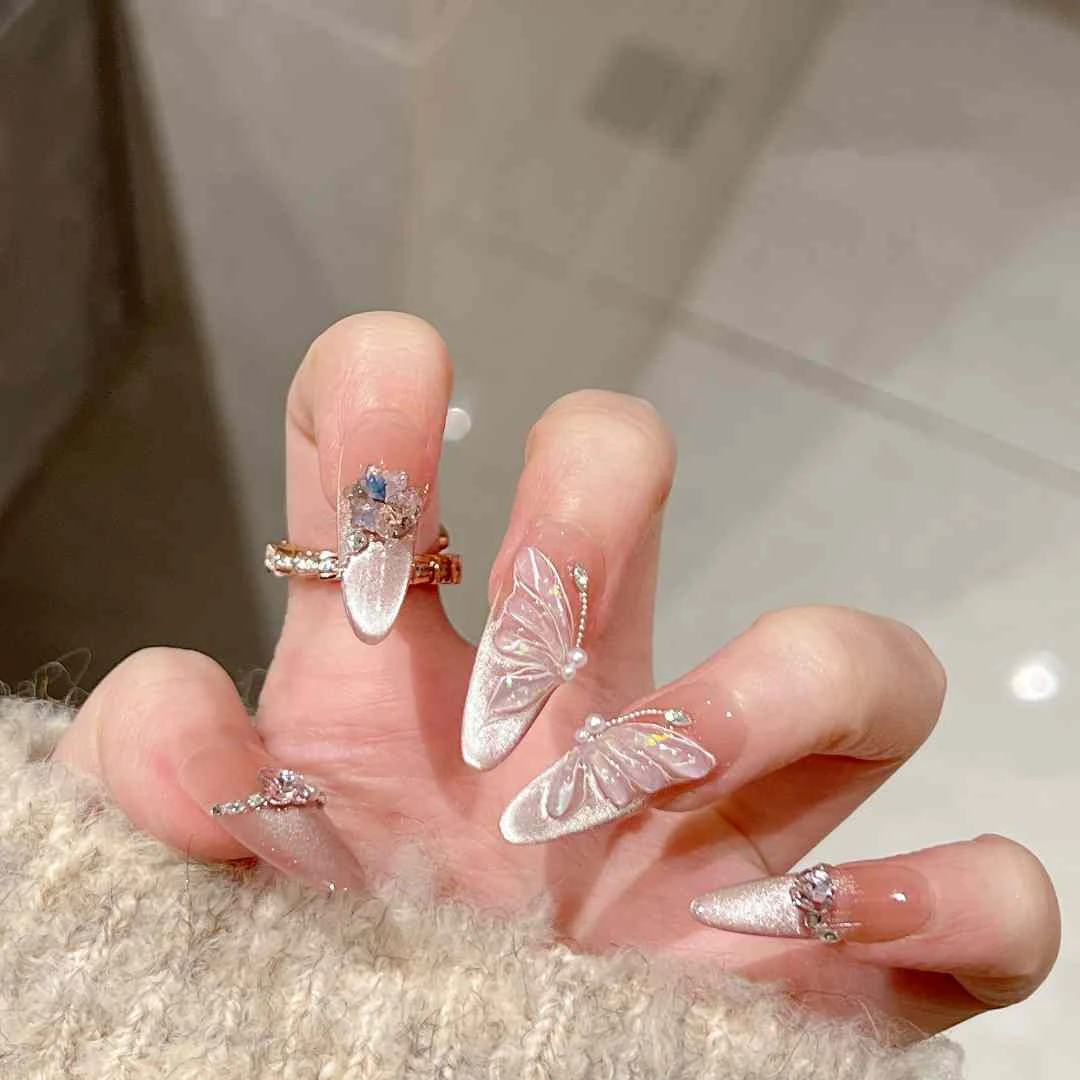 【比翼双飞2.0】纯手工穿戴甲手绘蝴蝶猫眼冰透光疗甲可拆卸10片装