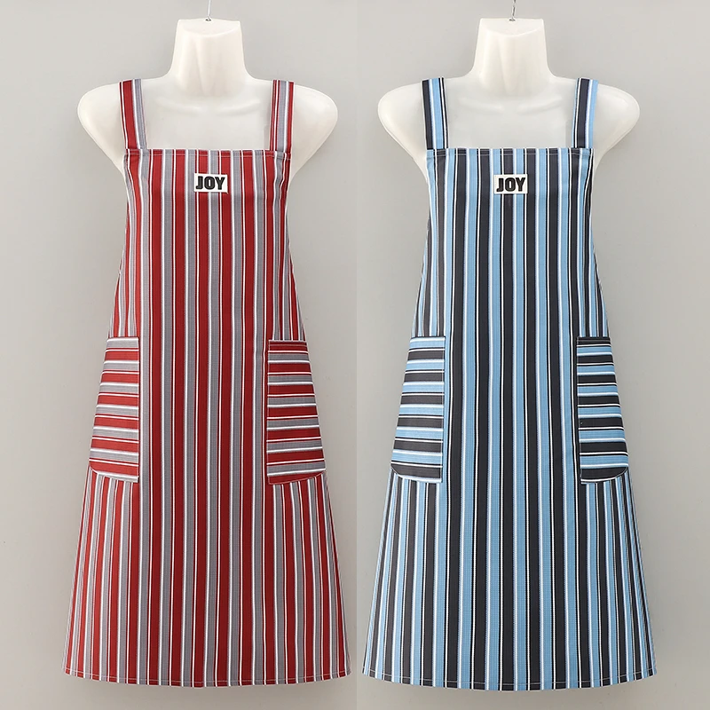 新款竖条纹防水围裙厨房做饭防油污加肥餐厅奶茶店洋气耐脏工作服