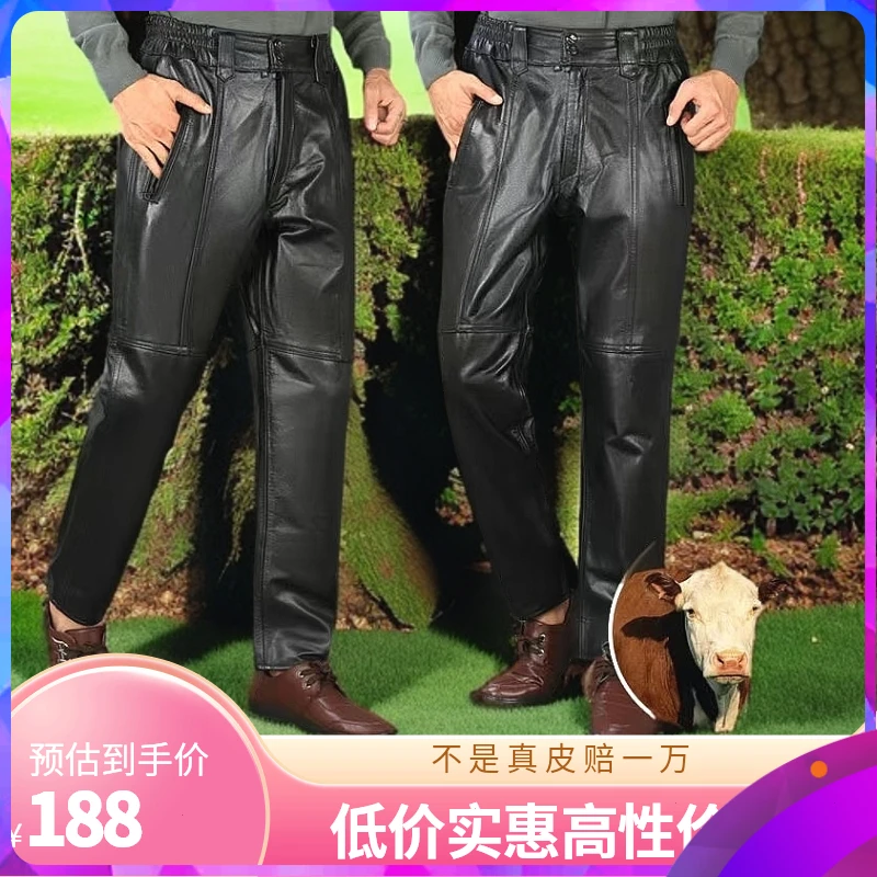真皮皮裤子男士头层牛皮中老年防风防水保暖修身机车小脚修身马裤