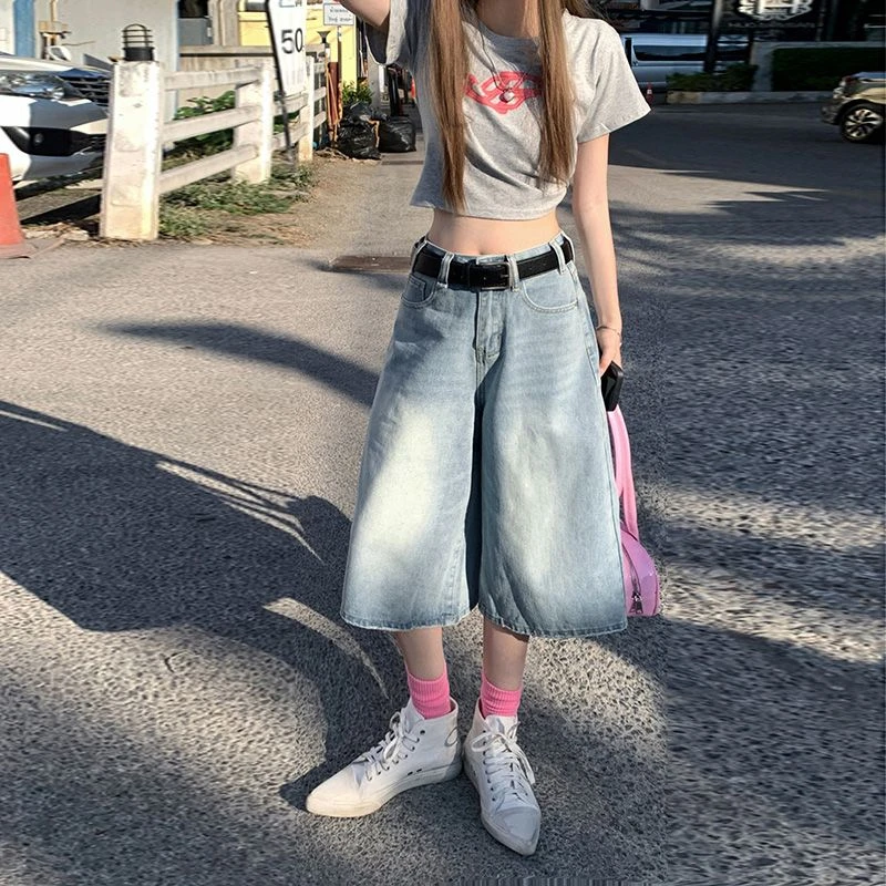 JWUW4色美式复古高腰宽松阔腿裤百搭春夏显瘦直筒七分裤牛仔裤