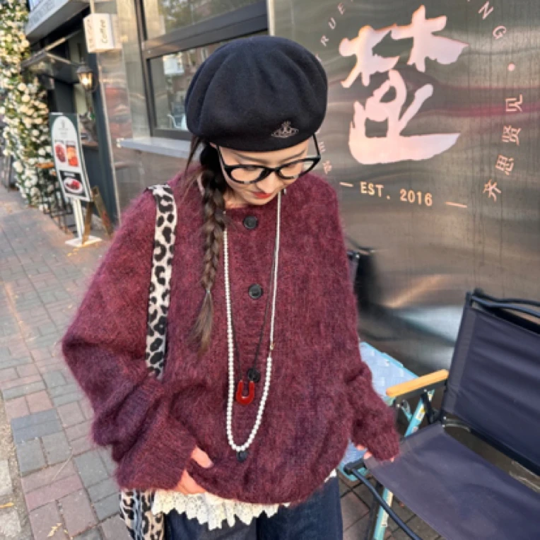 XI  Haokan秋冬安哥拉红宽松百搭廓版针织开衫