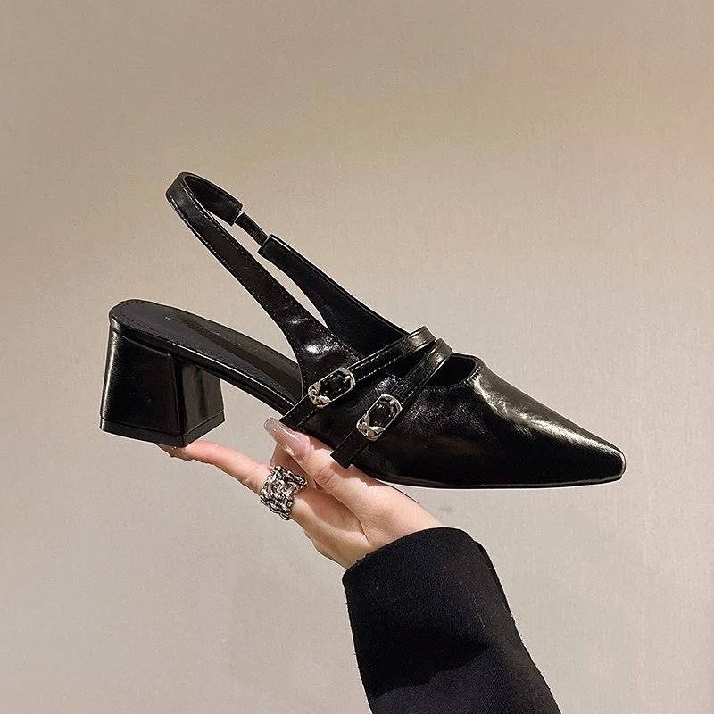 后空一字带2025春季新款法式粗跟单鞋女性感皮带扣尖头玛丽珍女鞋