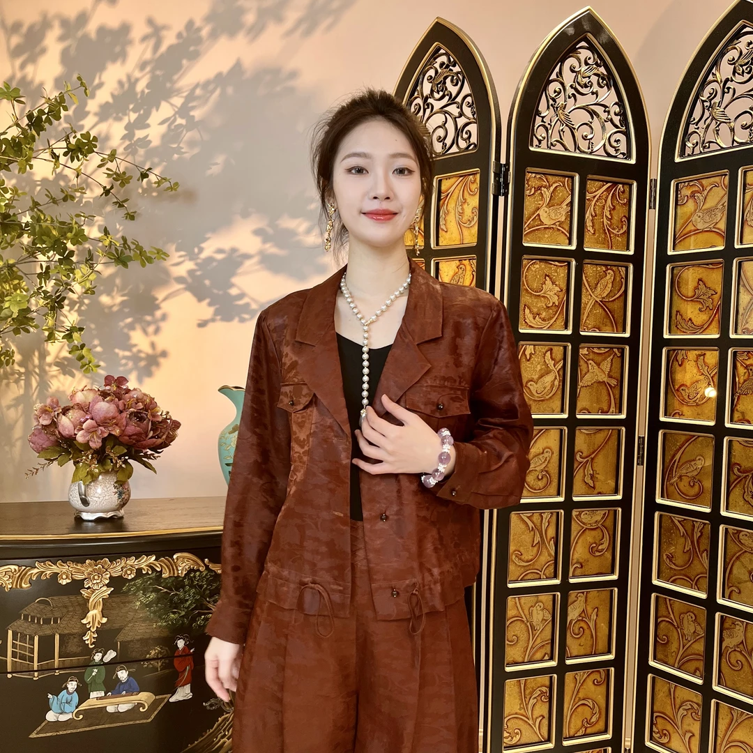 FSSIA瑜清100桑蚕丝红云纱复古提花女士西装精致百搭外套上衣1012