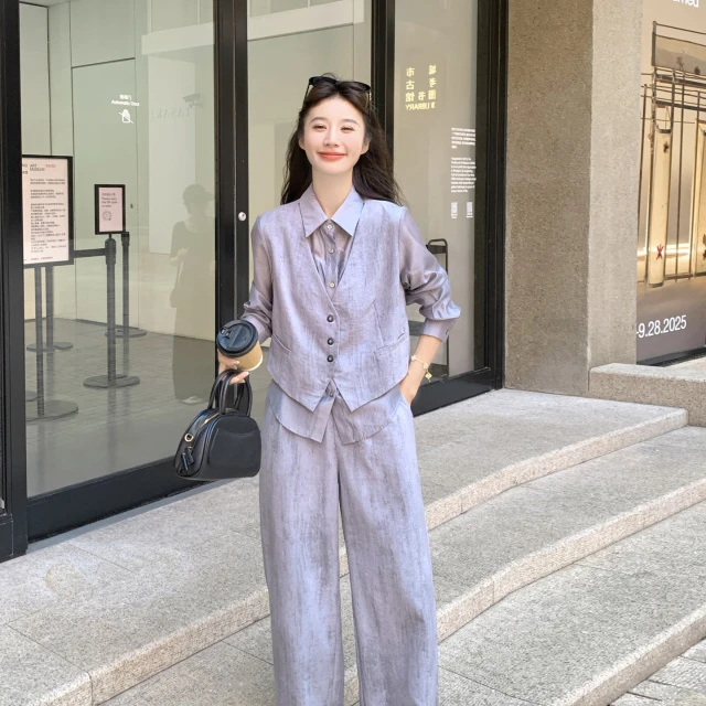 花灰色韩系气质老钱风假两件上衣套装女秋季2025新款阔腿裤两件套