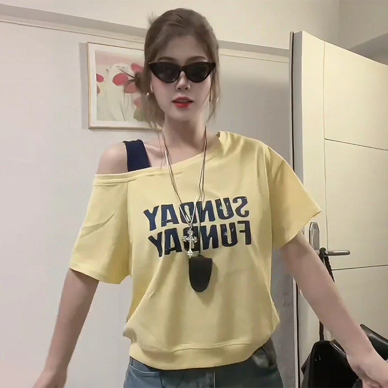 大码胖mm斜肩吊带字母印花短袖T恤女夏季设计感宽松遮肉显瘦上衣