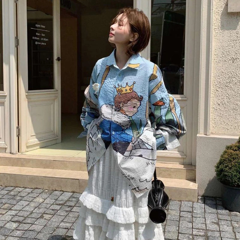 YANAG原创设计师款25SS夏季新款天鹅坐骑印花长袖衬衫衬衣上衣