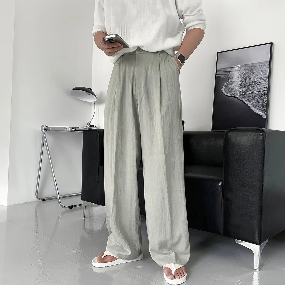 灰绿色休闲裤男生春夏薄款韩版设计感简约抽绳垂感宽松直筒阔腿裤