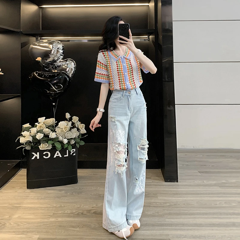 老钱风松弛感女装钩花镂空显瘦针织短袖上衣蕾丝拼接破洞牛仔裤潮