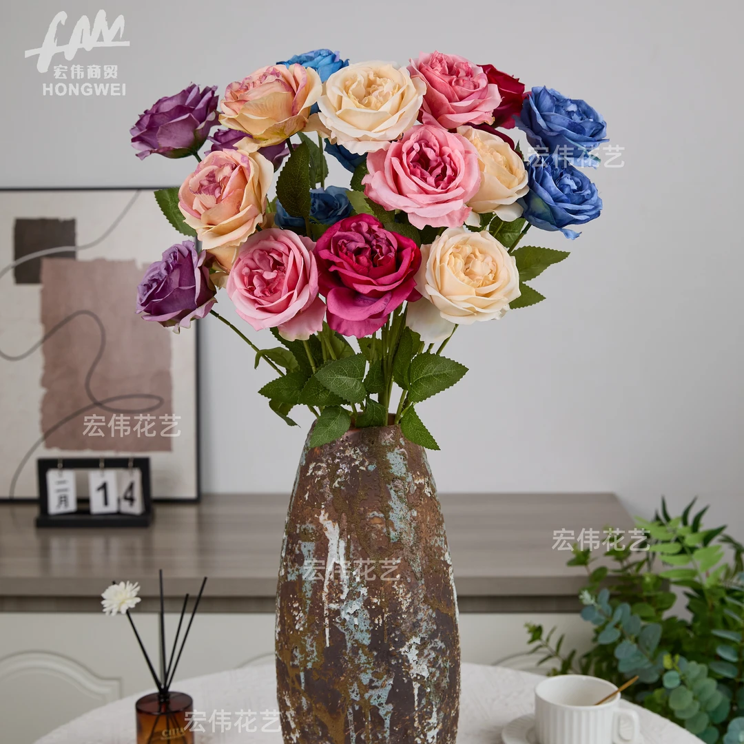 （10枝）3头荔枝玫仿真花假花人造绢花婚庆地排用花婚礼布置AFSHN05