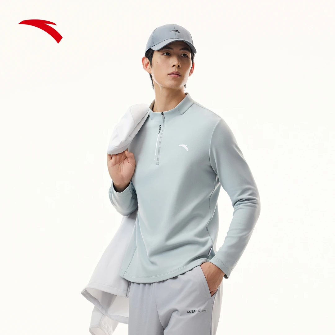 安踏CHN长袖半拉链加绒T袖卫衣男子休闲2026新款通勤百搭运动上衣