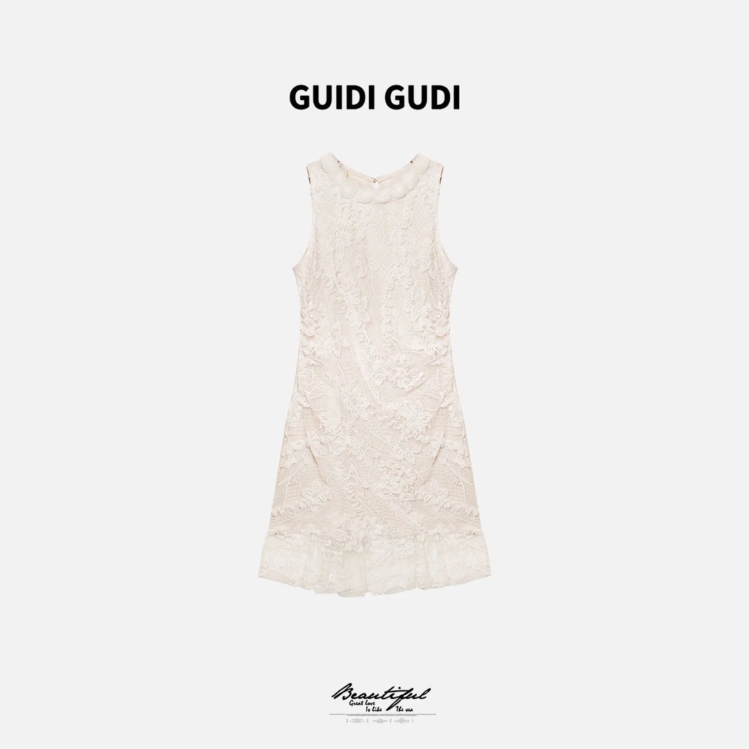 GUIDI GUDI【那个约定】黄加蓝气质重工蕾丝吊带连衣裙