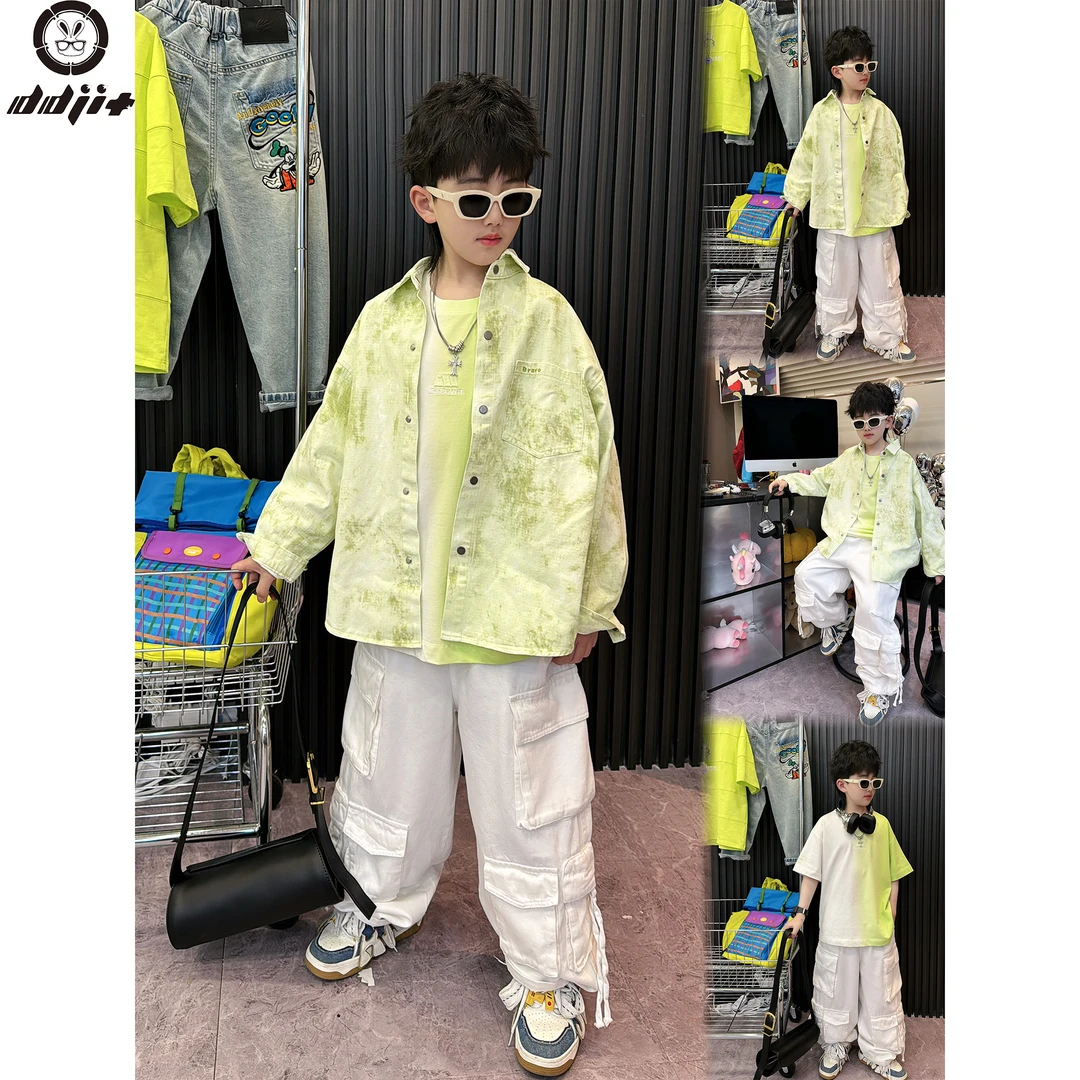 蛋蛋家【阳光玫瑰】春季新款儿童绿色扎染长袖衬衣外套