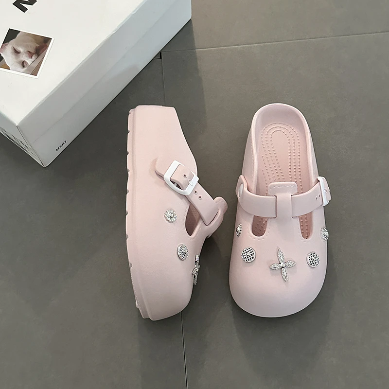 时尚简约一字扣带厚底外穿包头拖女2025夏季新款百搭轻便懒人软底