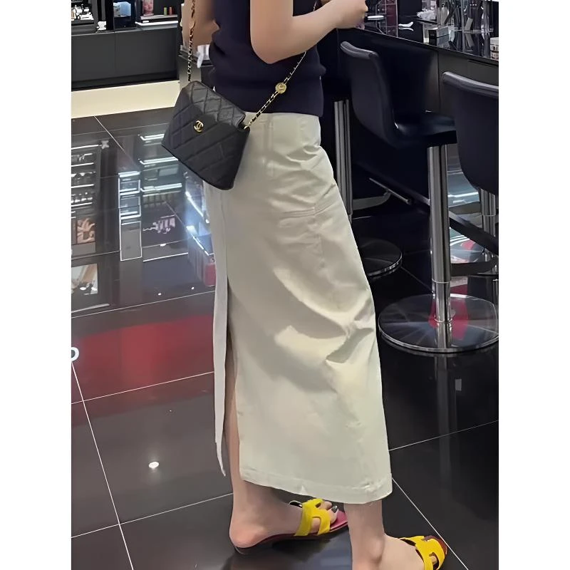 2025年长款米色工装半身裙高腰显瘦极简后开叉百搭洋气窄版裙