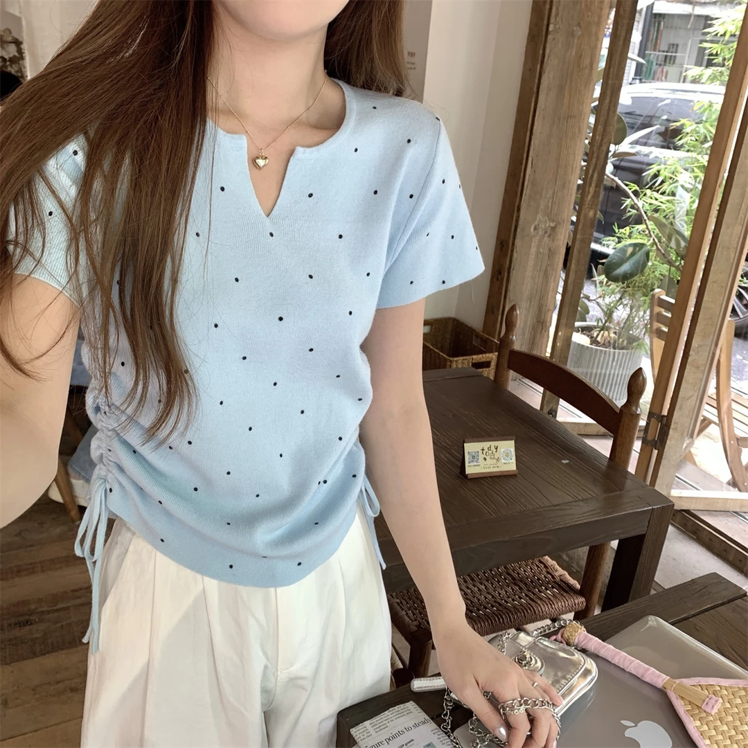 小众设计感波点半辣妹莫代尔短袖T恤夏季抽绳高级感遮肉显瘦上衣