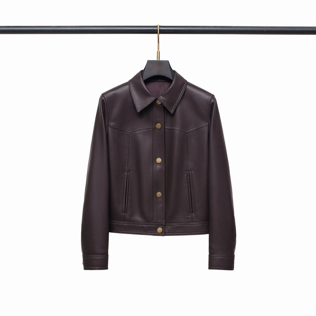 Y8真皮皮衣女装咖色2025秋季翻领新款显瘦气质短款外套百搭纽扣
