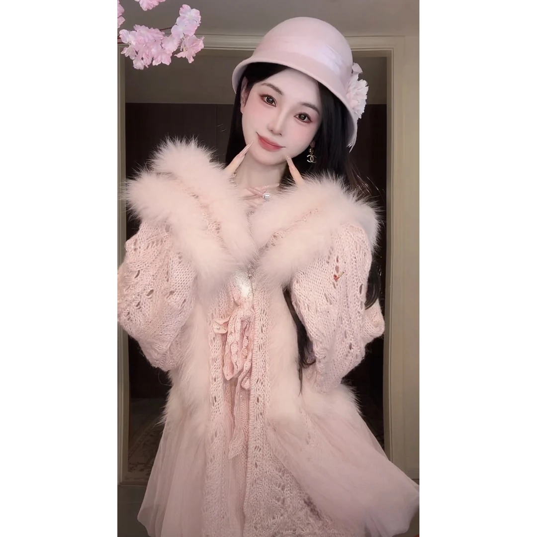 【雅乔定制】糯糯柔云 狐狸毛拼接镂空钩花毛衣套装DYTH-25083940