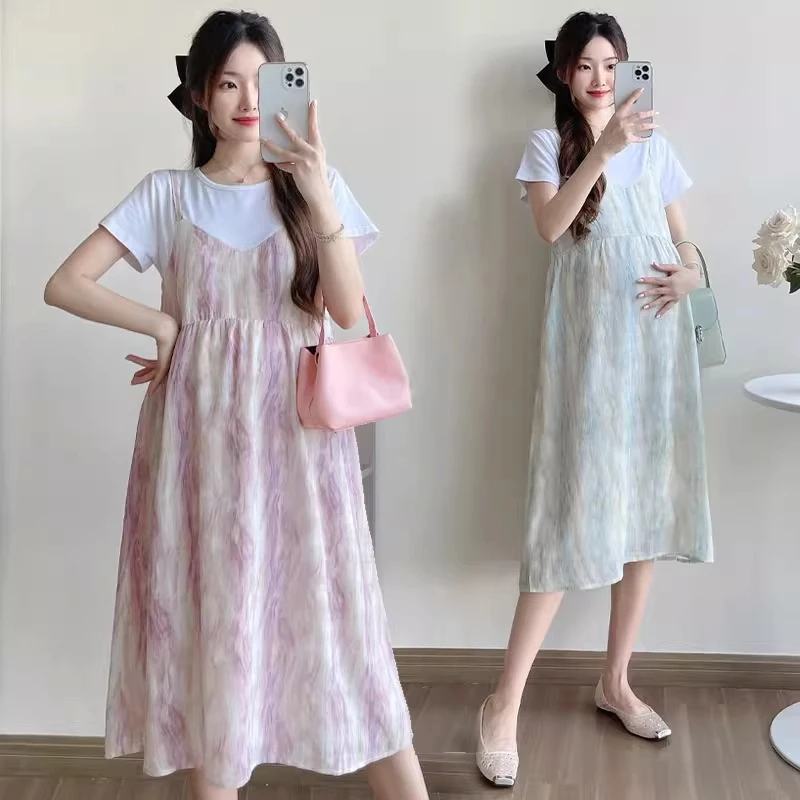 孕妇装夏装韩版时尚薄荷曼波扎染拼接裙子夏季新款假两件连衣裙夏
