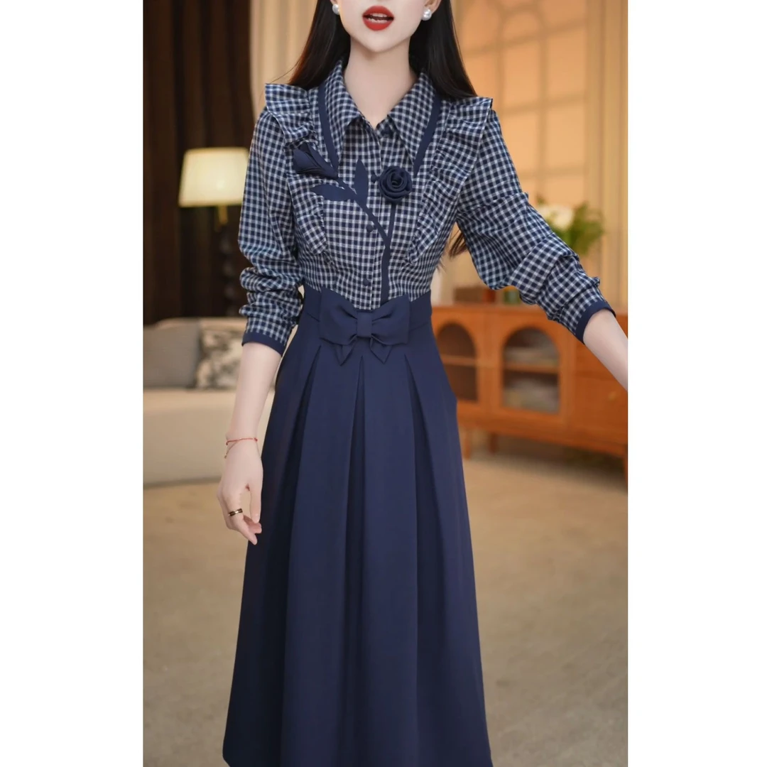复古格子假两件拼接连衣裙2025秋季新款时尚翻领设计感高级长裙女