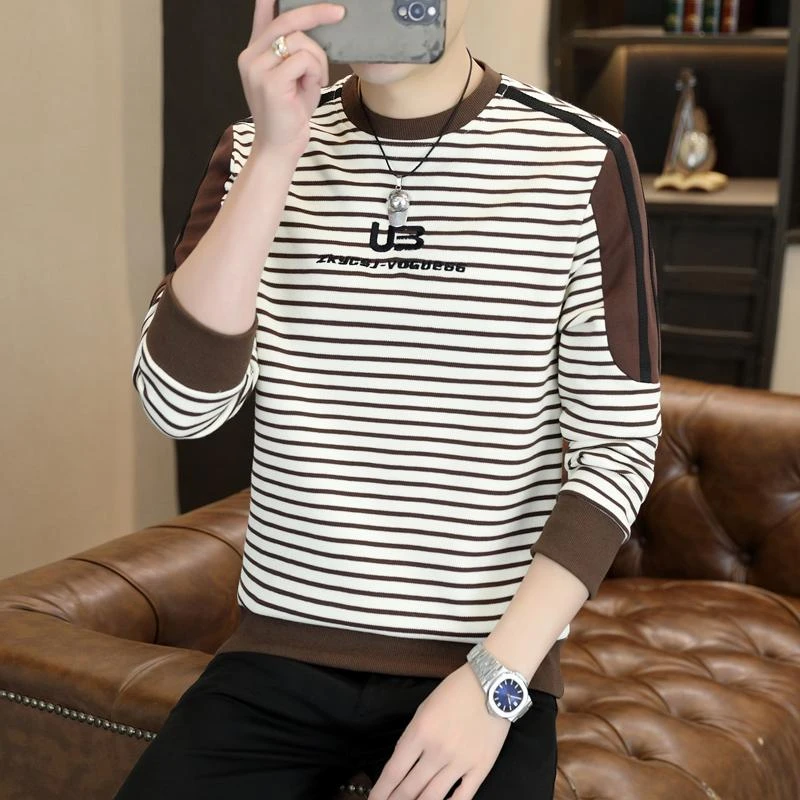 条纹卫衣男士长袖t恤刺绣帅气春秋季套头青年拼接打底衫上衣潮-S