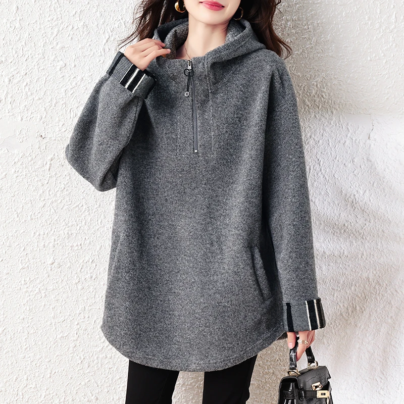 【女神新衣】秋冬加厚保暖半拉链雪花绒连帽毛呢中长款高级感卫衣