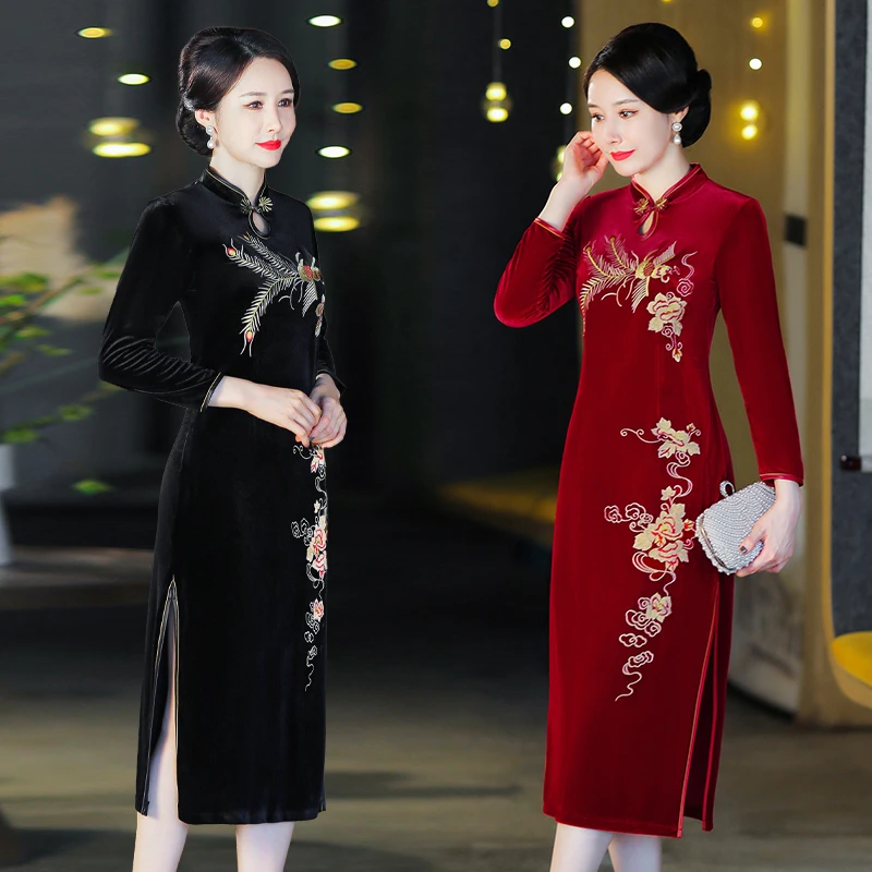 中国风高档绣花金丝绒旗袍年轻妈妈气质高贵改良旗袍连衣裙中长款