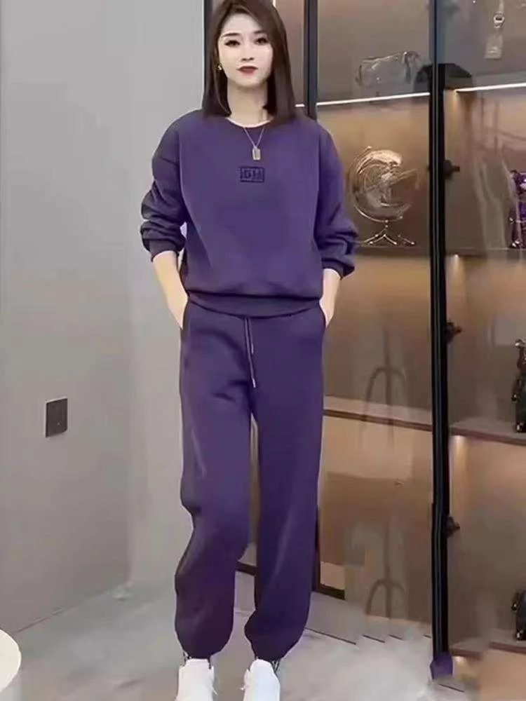春秋季运动套装女2025新款大码宽松女装圆领卫衣卫裤休闲两件套