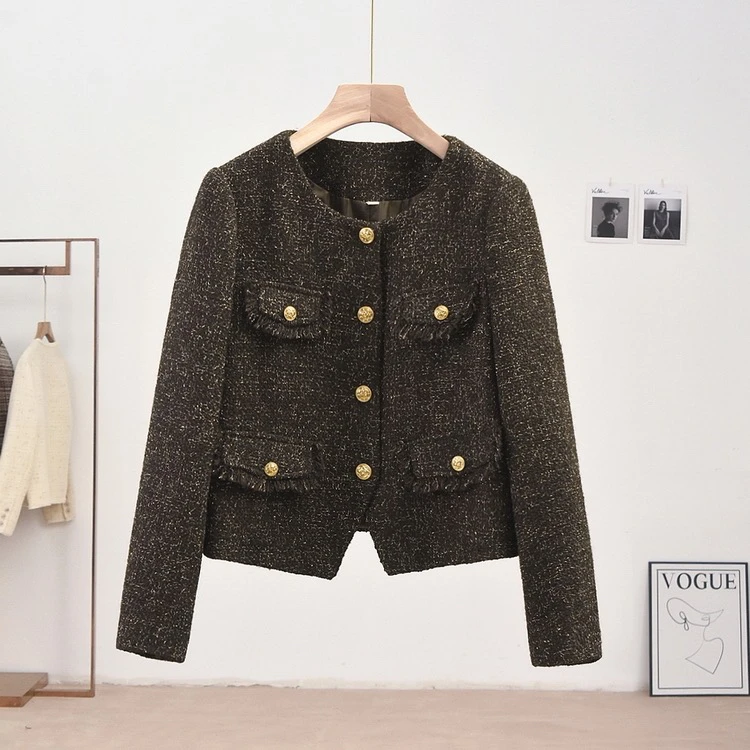 2024秋冬新款小个子羊毛粗纺流苏减龄银丝小香风短款气质百搭上衣