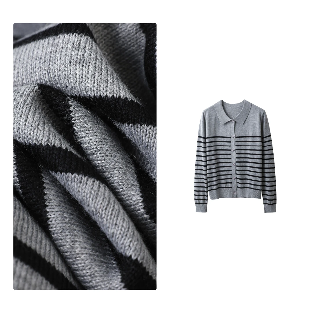 反季!特!门店32&9!Polo领针织」超细绵羊毛条纹针织上衣女H00561